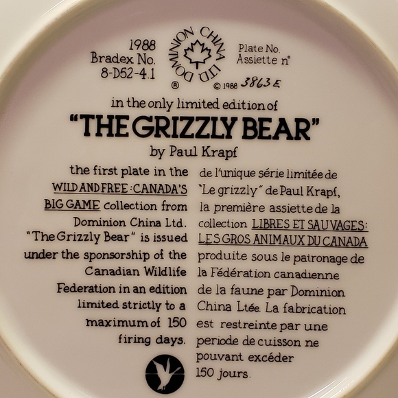 Vtg 1988 The Grizzly Bear Plate Canada Snow/Trees - Picture 2 of 4